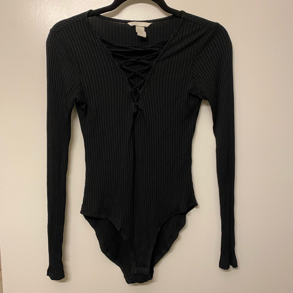 Black Cross-Cross Tight Long Sleeve Body Suit